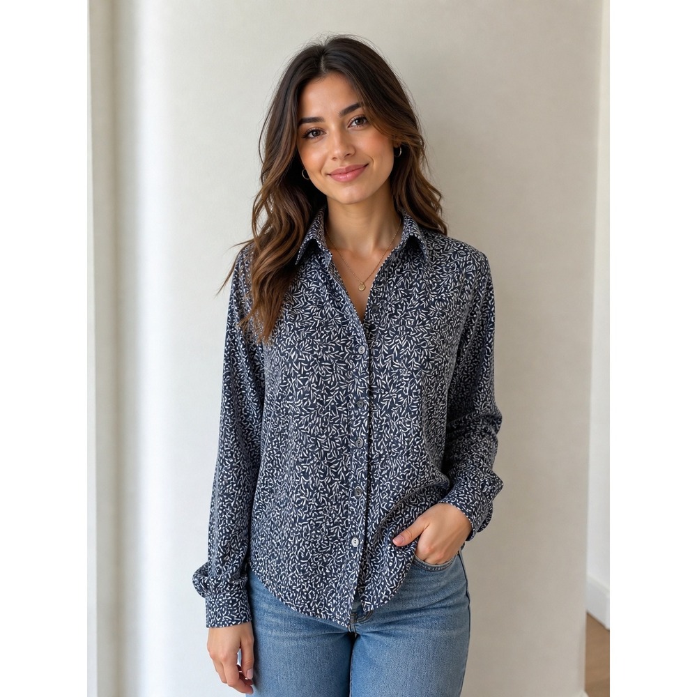 MORRIS & CO‎ x H&M Blouse Leaf Print Button Down Womens 8 Navy Blue Minimalist